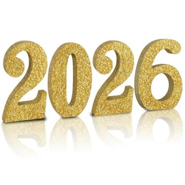 Imagem de TONIFUL Placa central de mesa dourada com glitter de 10 cm 2026 2026, placa numérica de 2026, bloco de números de madeira para véspera de ano novo, formatura, Natal, artigos de festa de aniversário