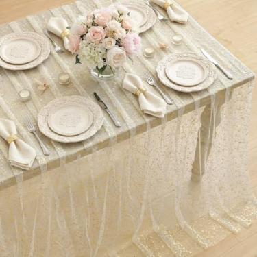 Imagem de Horaldaily Toalha de mesa de gaze de damasco retangular 152 x 300 cm, folha metálica com glitter de lantejoulas douradas, gaze de tule transparente para casamento, chá de bebê, cerimônia de