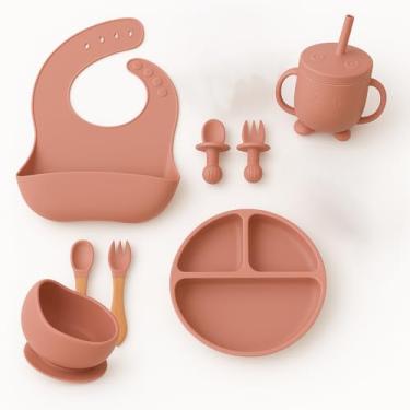 Imagem de Kit Introdução Alimentar Bebê 8 Peças – Prato, Bowl, Babador, Copo com Tampa e Canudo, Talheres de Silicone Atóxico Premium – Antiderrapante, Sem Pontas para Alimentos Quentes e Frios - Rosa
