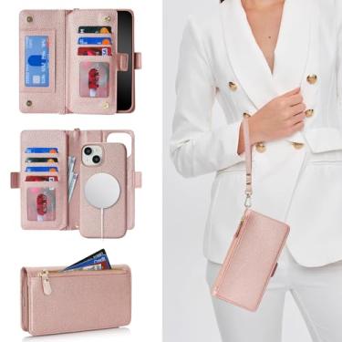 Imagem de Jaorty Capa carteira removível para iPhone 16 Pro Max, [compatível com MagSafe] [porta-cartão] [bolso com zíper], bolsa flip de couro PU 2 em 1, capa magnética com alça de pulso, ouro rosa Lichi