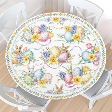 Imagem de Toalha de mesa redonda de coelhinho da Páscoa com borda elástica, impermeável, limpável, aquarela, coelho, folhas florais, fita para toalha de mesa elástica de 101,6 a 111,8 cm para jantares