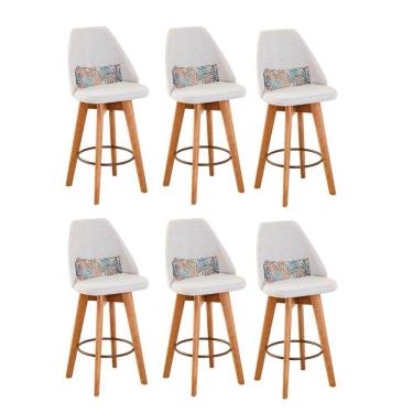 Imagem de Kit 06 Banquetas Alta Maya Giratória Com Encosto Linho Bege Claro e Almofada Folhas - Aurora Line