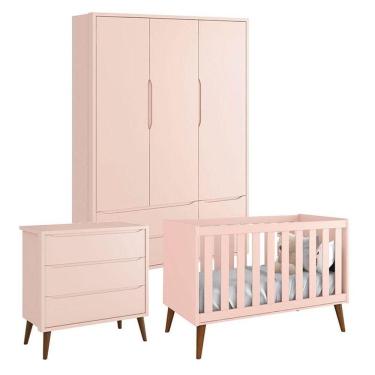 Imagem de Quarto De Bebê Theo 3 Portas Cômoda Gaveteiro Rosa Com Pés Amadeirados - Reller