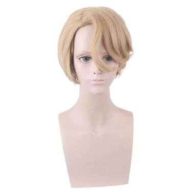 Imagem de Peruca de cosplay curta loira sintética de 30 cm com franja lateral - 