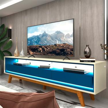 Imagem de Rack para TV Até 85 Polegadas Requinte 3 Gavetas 100% Mdf com Pés e Led Off White/Azul Royal - Gelius