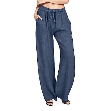 Imagem de Calça feminina de verão 2024 cintura alta leve respirável cordão moderna calça de linho para mulheres formais, 085-azul-marinho, P