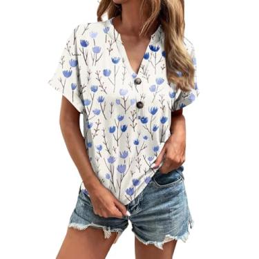 Imagem de Camisetas femininas de verão com botões, casual, com estampa de flores, gola V, manga curta, soltas, básicas, engraçadas, fofas, estampadas, #C Flores 05 bege, M