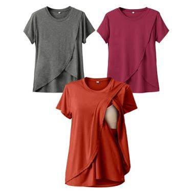 Imagem de Rnxrbb Camisetas de verão de amamentação para amamentação, manga curta, conjuntos de roupas pós-parto, pacote com 3, camada dupla, Cinza cintilante, roxo, vermelho e laranja, G