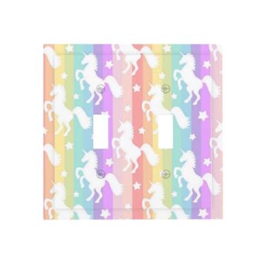Imagem de Aquarela engraçada para quarto de menina fofo colorido arco-íris listrado unicórnio roxo rosa 2 gangues interruptor de luz elétrico duplo interruptor de luz placa de parede receptáculo facial capa de