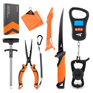 Imagem de KastKing Kit de ferramentas de pesca ToughTide, 7 peças, balança de peixe digital recarregável com aderência labial e fita métrica, faca de filete de 18 cm com bainha e afiador, alicate de anel
