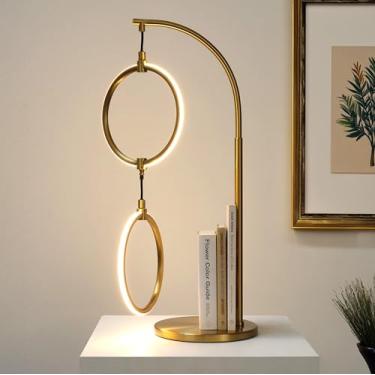 Imagem de Brightech Luminária De Mesa Nova Modern - Arco Contemporânea Com Pingente Estilo Anel 2 Círculos, Compatível Alexa, Cabeceira Ao Lado Do Sofá, Varão Arqueado Que Combina A Decoração Da Sala Estar, L