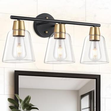 Imagem de PAZALA Luminárias De Banheiro Com 3 Luzes, Arandelas Parede Estilo Fazenda Pretas E Douradas Cúpula Vidro Transparente, Luminária Moderna Para Espelho, Quarto, Corredor, Sala Estar, Armário