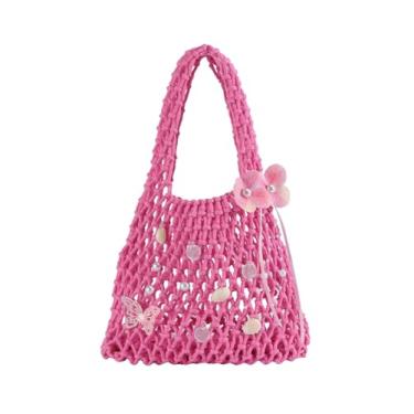 Imagem de QWINEE Bolsa feminina de crochê vazada quadrada casual para férias na praia, Rosa floral, One Size