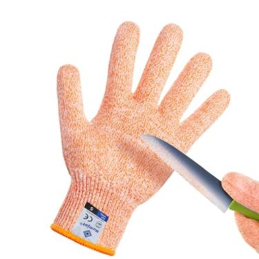 Imagem de Numjot Luvas De Corte, Proteção Nível 5 Grau Alimentício, Segurança Para Corte Cozinha, Abrir Ostras, Processamento Filés Peixe, Fatiar Com Bandolim, Entalhar Carnes E Madeira. (Laranja-Médio, 1 Par
