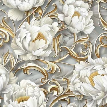 Imagem de WalRiddle Papel de parede vintage peônia branca floral flores douradas damasco descascar e colar papel de parede adesivo à prova d'água para locatário