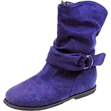 Imagem de Botas de cano curto para mulheres femininas bico redondo fivela tira fivela botas com zíper lateral camurça plana salto baixo botas, Roxo, 39 BR