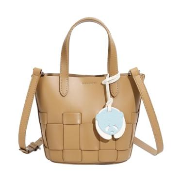 Imagem de Bolsa feminina de couro legítimo, design de tecido elegante, alça compacta com alça de ombro, Caqui, Small