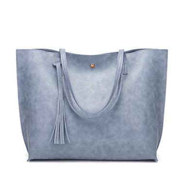 Imagem de Bigfanshu Bolsa feminina de couro macio bolsa de ombro Shopper Sacola Balde Moda, Azul, 30X36CM