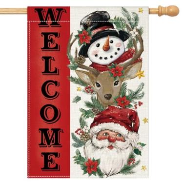 Imagem de OTOSTAR Welcome Christmas Bandeira decorativa de casa 71 x 101 cm dupla face Papai Noel rena boneco de neve bandeira de natal decoração externa de jardim decoração de inverno férias ao ar livre