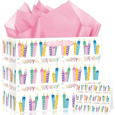 Imagem de Bolsa de presente de aniversário rosa para meninas, mulheres, velas coloridas, saco de papel de embrulho de aniversário com cartão de felicitações, lembrancinhas de festa de aniversário pastel para