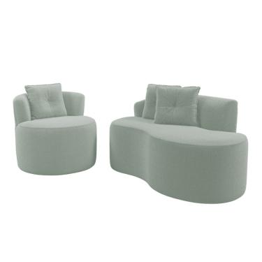 Imagem de Kit Sofá E Poltrona Orgânica Living Bob Com Almofadas Bouclê Verde Menta - Desk Design
