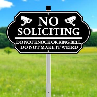 Imagem de Placa engraçada sem solicitação para casa ou casa 35 x 18 cm com estaca de 71 cm – Não bata ou toque sino, não faça estranho – Placa de alumínio resistente ao clima para quintal, varanda, escritório