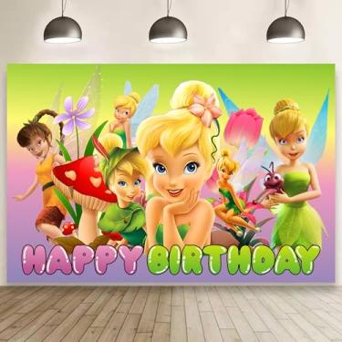 Imagem de Fairy for Tinkerbell Pano de fundo para festa de aniversário com desenho animado Kawaii, para meninos e meninas, faixa de fundo de feliz aniversário para decoração de festa infantil (1,5 x 0,9 m).