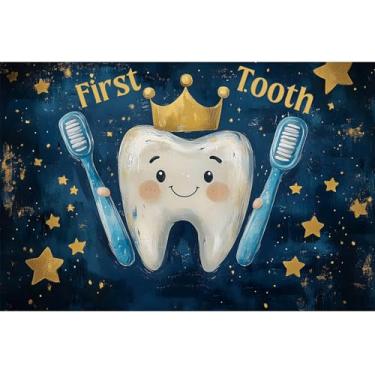 Imagem de YongFoto My First Tooth Backdrop 1,5 x 0,9 m, desenho fofo, coroa de dentes, escova de dentes, fundo fotográfico 1º aniversário, faixa de festa de bebê, decoração de mesa de bolo, batizado, sessão de