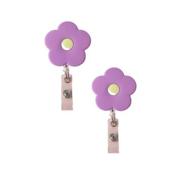 Imagem de 2 carretéis retráteis de crachá de flores roxas com clipe jacaré, suporte de identificação para professores e estudantes, material de escritório