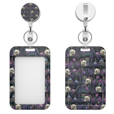 Imagem de Porta-crachá retrátil com clipe de mosquetão e chaveiro, várias opções de padrões, bonito e moderno (crânio de estante)