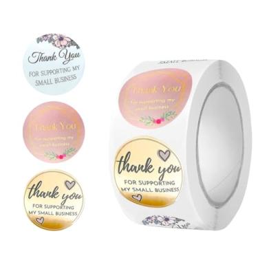Imagem de 1 rolo de 500 adesivos de agradecimento - azul, rosa e dourado, adequado para embalagens de pequenas empresas, envelopes, cartões, presentes e etiquetas circulares para pedidos
