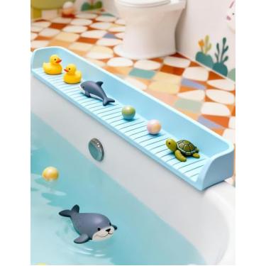 Imagem de Protetor contra respingos para banheira, protetor de respingos de silicone de 70 cm com 11 ventosas, suporte dobrável de brinquedo de banho e prateleira de brincar, evita derramamentos de água em