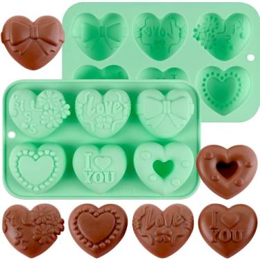 Imagem de Zorazio Molde de silicone de coração de 6 cavidades para chocolate, 2 peças de mini molde antiaderente em forma de coração para chocolate do dia dos namorados, bolo de mousse quebrável, sabonete