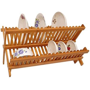 Imagem de Escorredor de pratos dobrável de bambu de 2 andares, escorredor de pratos dobrável, escorredor de pratos para bancada de cozinha, organizador de balcão