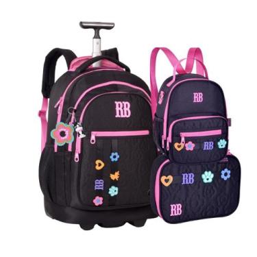 Imagem de Kit Rebecca Bonbon Mochila Estojo Lancheira Flower Power 19L Cor:Preto