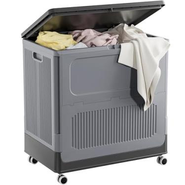 Imagem de HAIXIN HOME Cesto de roupa suja de 130L com tampa, cesto de roupa grande de plástico para dormitório universitário, organizador de carrinho de roupas sujas empilhável dobrável para indústria, quarto