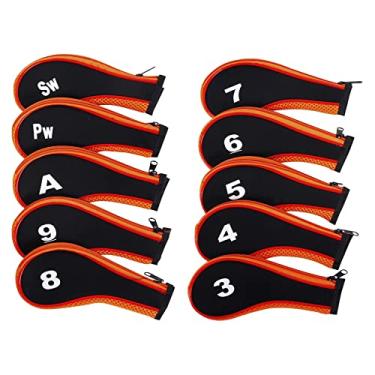 Imagem de Deevoka 10x Neoprene Golf Iron Headcover Set Proteção da Capa de Golfe, Etiqueta Número, Acessórios Putter Cunhas Manga Pegajosa para Treinamento ao, Laranja e preto