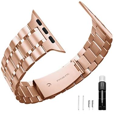 Imagem de banda de aço inoxidável compatível com apple watch series 5/4/3/2/1 42mm 44mm IWatch bandas de substituição pulseiras correia relógio (Ouro-rosa, 42MM/44MM)