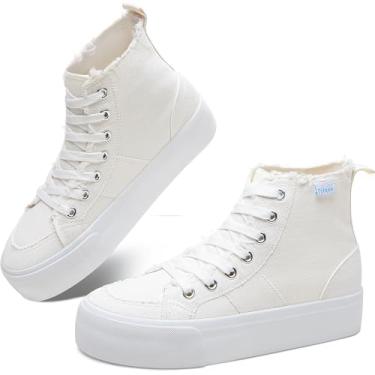 Imagem de Obtaom Tênis de cano alto plataforma feminino cano médio para brincar de lona, plataforma lavada, skate, tênis casual de lona, Branco natural, 41