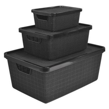 Imagem de Kit 3 Caixas Organizadoras PMG 2L / 6L / 16L Preta Cesto Telado C/ Tam