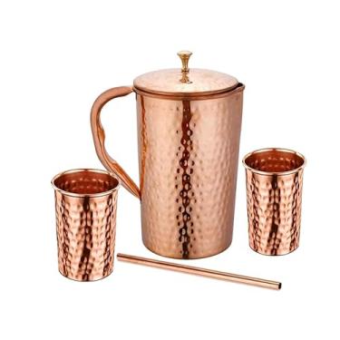 Imagem de Taluka Jarro de água grande martelado de cobre puro feito à mão 1,984 g/2000 ml com tampa, 2 copos e 1 recipiente com design à prova de vazamento com canudo para beber, presente para casa, ioga