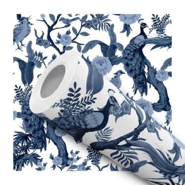 Imagem de Papel de Parede Adesivo Azul Marinho Branco Pavão Moderno Quarto Sala 