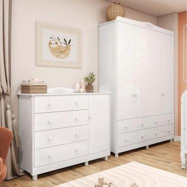 Imagem de Quarto Infantil com Guarda Roupa 4 Portas e Cômoda 1 Porta 100% MDF Maya Clássico Espresso Móveis Branco Brilho