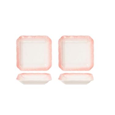 Imagem de Conjunto de tigela e prato de cerâmica simples e personalizado, tigela de arroz de cerâmica rosa para uso doméstico, tigela de sopa de macarrão, utensílios de mesa - prato profundo quadrado de renda