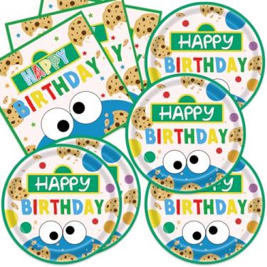 Imagem de LINBAOHOME 40 peças de artigos de festa de biscoitos, pratos e guardanapos de aniversário com tema de monstro, decorações de chá de bebê, desenhos animados, amigos, conjunto de utensílios de mesa
