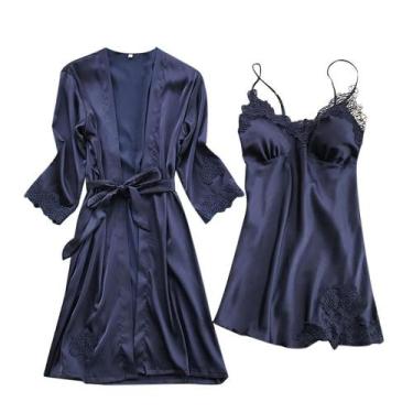 Imagem de Lingerie feminina seda renda robe vestido babydoll camisola pijamas co