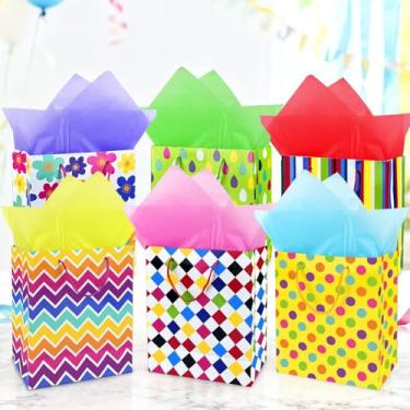 Imagem de Pacote com 2 sacos de presente coloridos com alça e papel de seda para aniversário, casamento, chá de bebê, presente de feriado