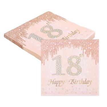 Imagem de Guardanapos de feliz aniversário de 18 anos para meninas, decorações de aniversário de 18 anos, guardanapos de coquetel descartáveis em ouro rosa e rosa para decoração de festa de aniversário de 18