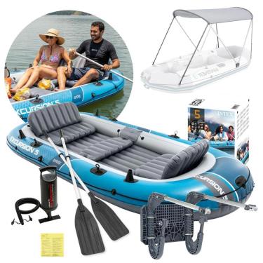 Imagem de Bote Inflável Barco Excursion 5 Pessoas Azul com Capota Suporte Motor Remos e Bomba Intex
