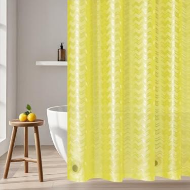 Imagem de Seenus Cortina de chuveiro impermeável PEVA listrada amarela, forro de cortina de chuveiro fosco 3D com 3 ímãs grandes, cortina de chuveiro de plástico translúcido para banheiro com padrão ondulado de